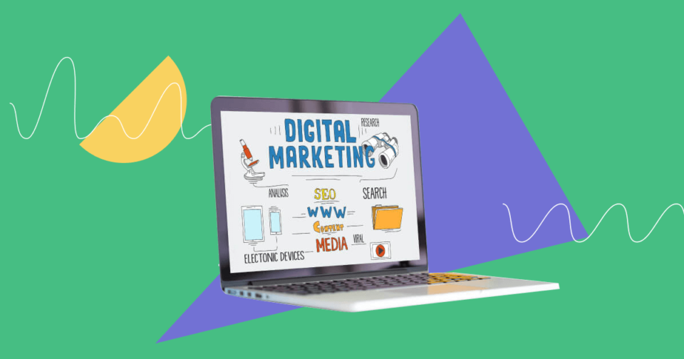 Digital marketing elements shown on a laptop screen