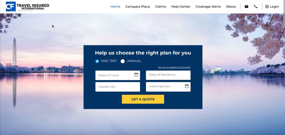 Travel insurance landing page by Travelinsured